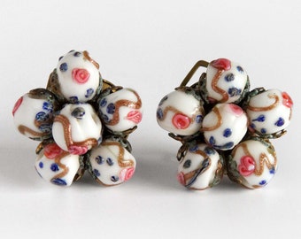 Vintage White Wedding Cake Glass Bead Cluster Earrings Made in Italy - Clip On Clipback Italian Murano Milk Glass Earrings