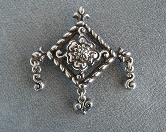 Brighton Dangle Brooch - Tilted Square Pin - Diamond Rhombus with Dangling Swirls Fleur de Lis Accents