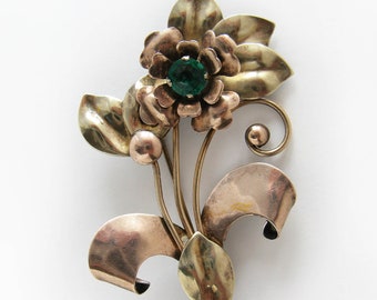 Vintage 1940s Brooch by Harry Iskin - Two Toned Gold Filled Metal Flower Pin Authentic Retro Jewelry
