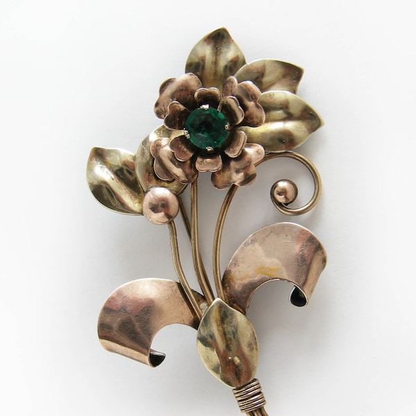 Vintage 1940s Brooch by Harry Iskin - Two Toned Gold Filled Metal Flower Pin Authentic Retro Jewelry