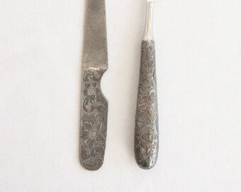 Vintage Etched Sterling Silver Manicure Set - Antique Nail File and Cuticle Knife with Sterling Handles