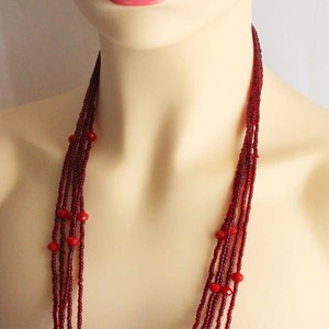 Vintage Blood Red Glass Long Beaded Necklace Multi Strand with Small Beads Rope Length 38.5 Inches image 2