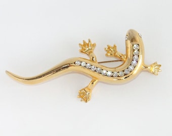 Vintage Gold and Rhinestone Large Lizard Salamander Brooch 1990s - 3D Gecko Reptile Jewelry