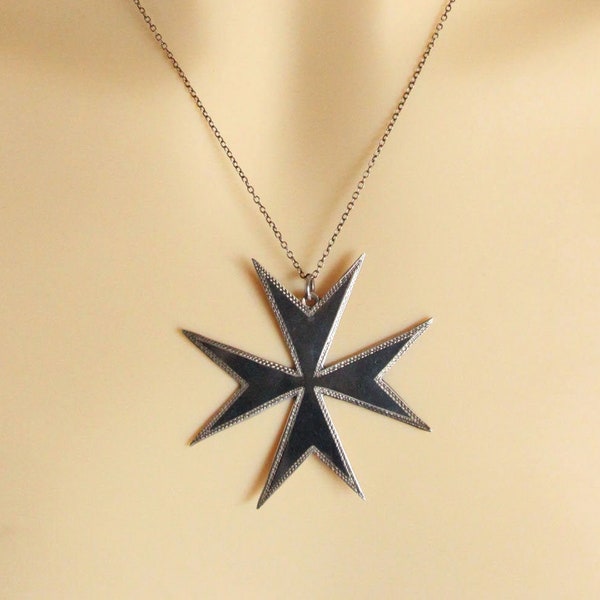 Vintage Siam Sterling Silver Black Maltese Cross Pendant - Circa 1950s or 1960s Niello Ware Cross Pattée Necklace