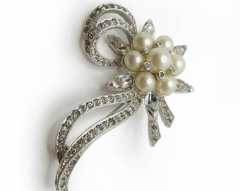 Vintage Kramer Rhinestone and Faux Pearl Ribbon Bow Brooch Pin in Silver Toned Metal 1960s Jewelry