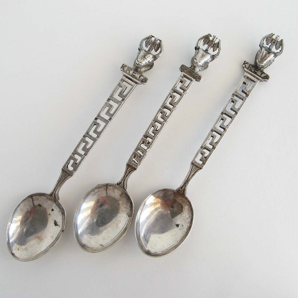 Vintage Greece Crete Kreta Minoan Bull and Labrys Axe 800 Silver Souvenir Demitasse Spoons Set of Three