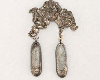 Vintage Repousse Brooch with Two Sterling Silver Reed and Barton Ballerina Slipper Shoe Charms Dangling Pin