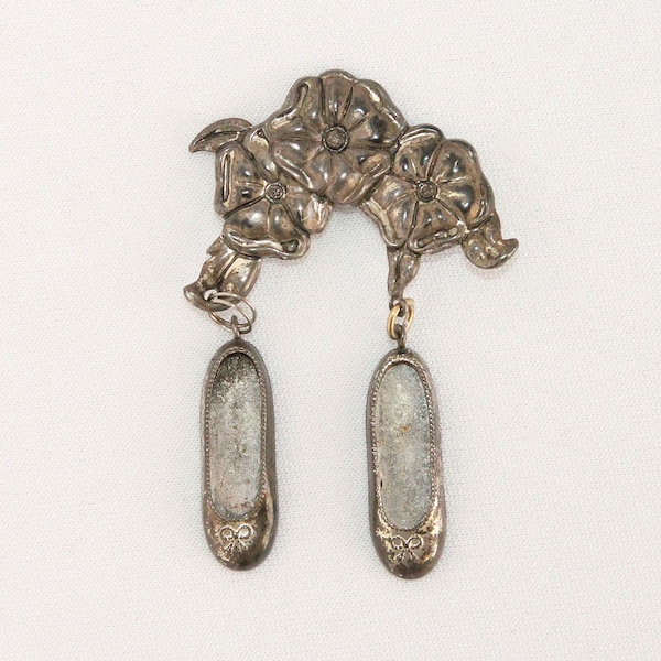 Vintage Repousse Brooch with Two Sterling Silver Reed and Barton Ballerina Slipper Shoe Charms Dangling Pin