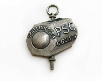 Vintage Metal Watch Fob Spotlighters PSC Ogontz Movie Film Theater Spotlight Shaped Pendant 1950s