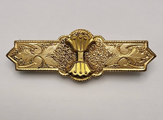 Antique Victorian Etched Gold Filled Bar Brooch E… - image 7