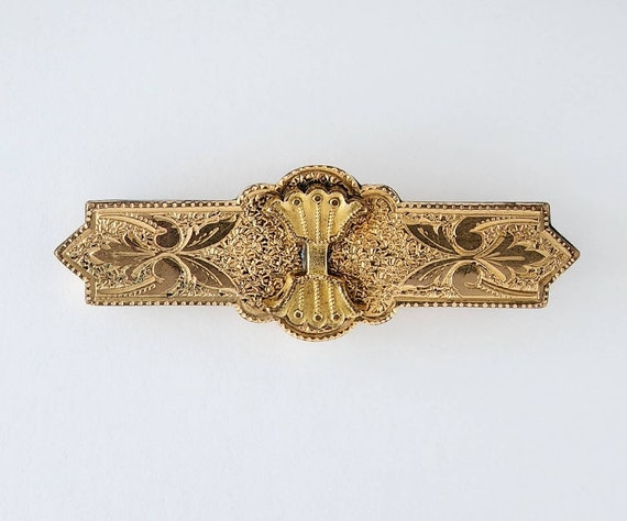 Antique Victorian Etched Gold Filled Bar Brooch E… - image 2