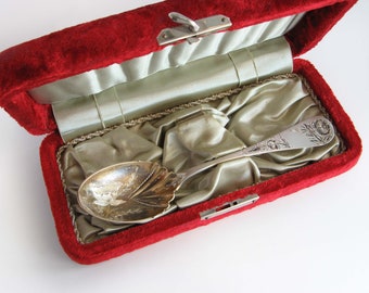 Antique 1800s Sterling Silver Spoon by Hotchkiss and Schreuder Ornately Etched with Original Red Velvet Box - Syracuse NY - READ DESCRIPTION