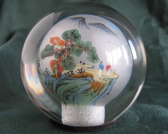 Vintage Asian Reverse Painted Small Glass Paperweight 2.25" - Frosted Hollow with Painting Inside