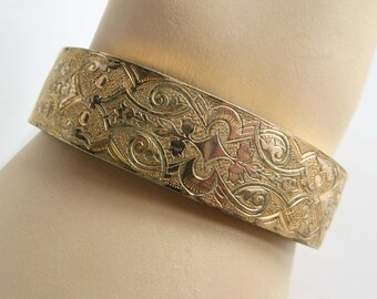 Antique Hinged Wide Bangle Bracelet Gold Filled and Etched on Both Sides 1900's Victorian Edwardian