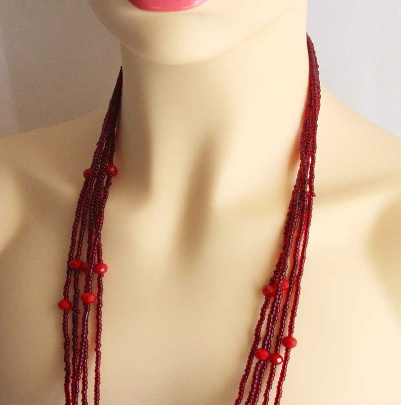 Vintage Blood Red Glass Long Beaded Necklace Multi Strand with Small Beads Rope Length 38.5 Inches image 2