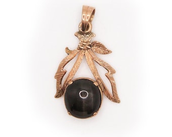 Vintage Black Cat's Eye Obsidian 14K Rose Gold 14C Leafy Berry Pendant Charm