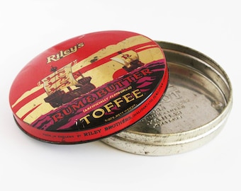 Vintage Riley's Toffee Tin Empty 1950s Tin Litho Candy Container - Sailing Ships Theme - Riley Brothers Halifax, England