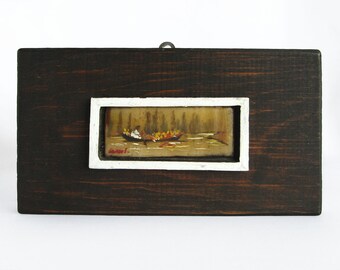 Vintage 1970s Asian Inspired Lacquer and Painted Boat Landscape Art on Wood Block - Small Wall Accent Original Artwork