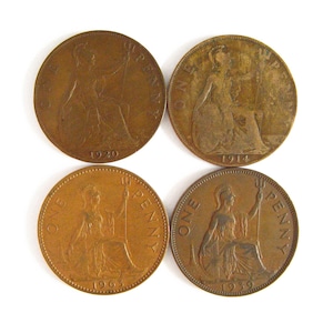 Vintage Authentic British One Penny Lot of Four Circulated Coins from 1914, 1920, 1939 and 1963 with George V George VI Bronze