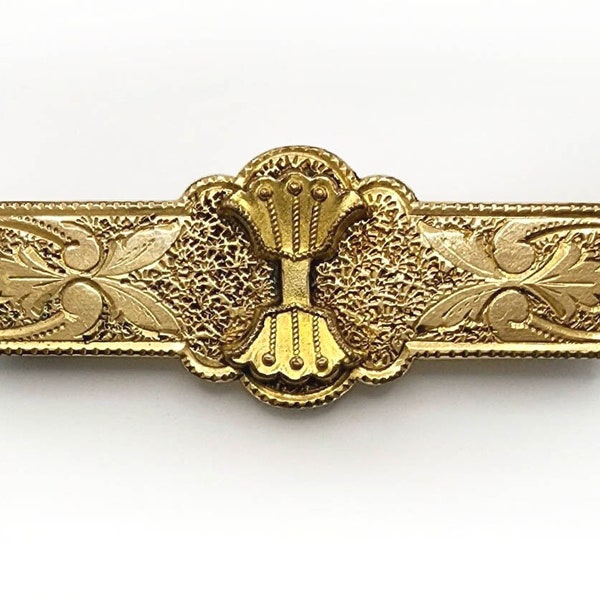 Antique Victorian Etched Gold Filled Bar Brooch Etruscan Revival Pin 1800s