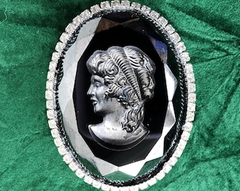 Vintage Hobe Signed Carved Intaglio Black Glass Cameo and Rhinestone Brooch Pin - Faux Hematite