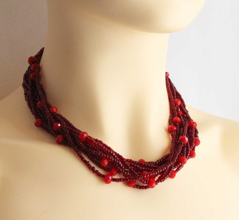 Vintage Blood Red Glass Long Beaded Necklace Multi Strand with Small Beads Rope Length 38.5 Inches image 7