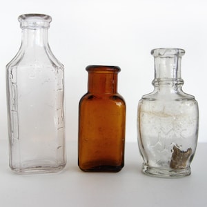 Three Vintage Small Glass Bottles Medical 3i and Amber Brown U.D. Co. and Embossed Apothecary 1940s