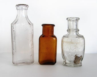 Three Vintage Small Glass Bottles Medical 3i and Amber Brown U.D. Co. and Embossed Apothecary 1940s