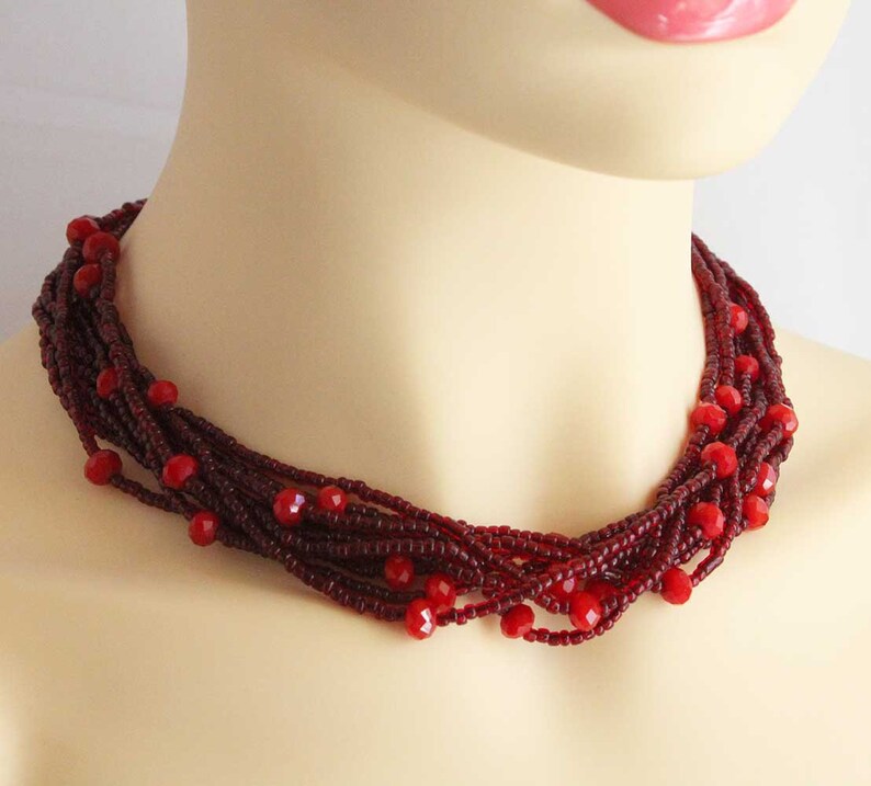 Vintage Blood Red Glass Long Beaded Necklace Multi Strand with Small Beads Rope Length 38.5 Inches image 8