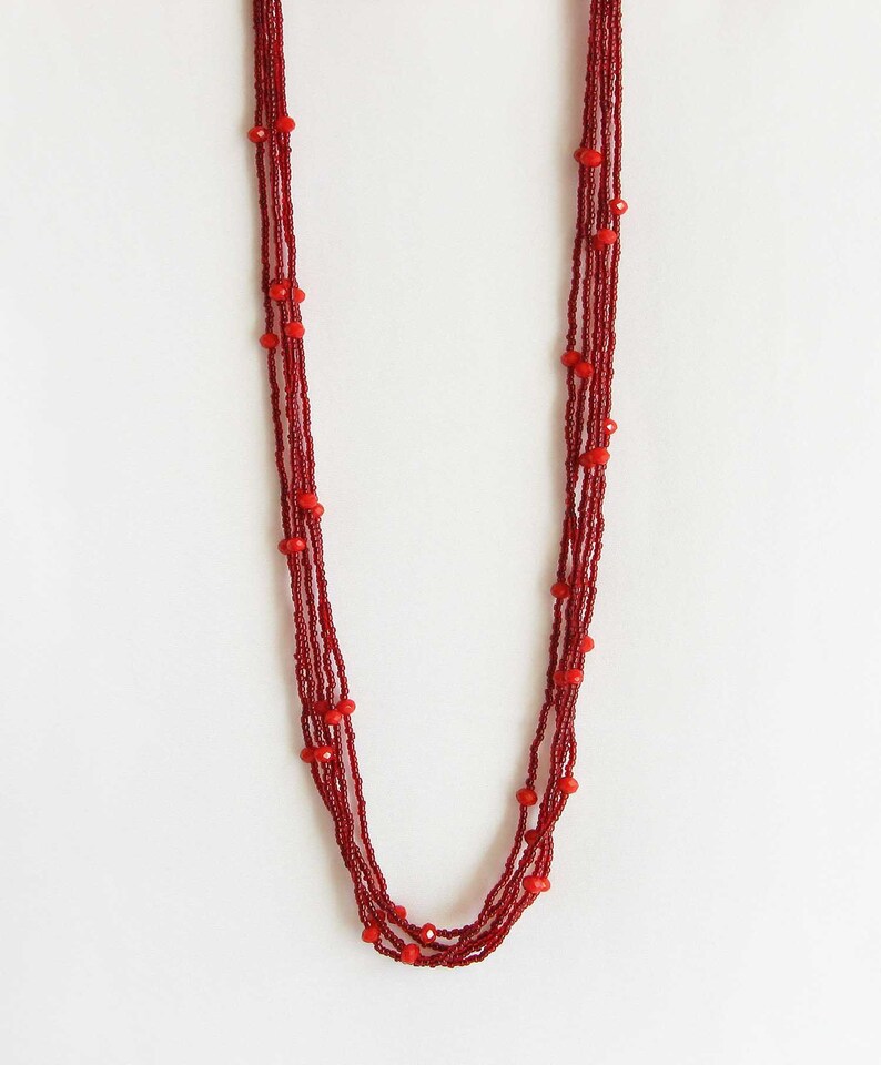 Vintage Blood Red Glass Long Beaded Necklace Multi Strand with Small Beads Rope Length 38.5 Inches image 1