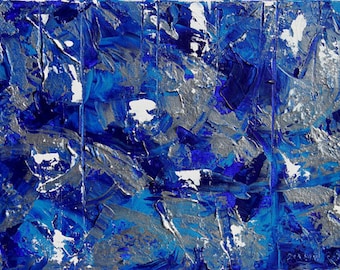 May include: Abstract painting with blue, silver, and white paint. The paint is applied in thick layers, creating a textured surface. The colors are vibrant and bold, and the painting has a dynamic and energetic feel.