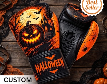 Gepersonaliseerde Halloween-bokshandschoenen, griezelige pompoen- en spookhuis-thema veterschoenen, gepersonaliseerd leren trainingscadeau