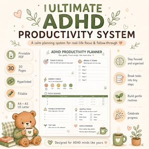 Può includere: Un modello digitale di pianificatore di produttività ADHD con sezioni per l'obiettivo del giorno, energia, sessioni di concentrazione, distrazioni e strumenti utili. Include un orsetto con una tazza, foglie verdi e del testo.
