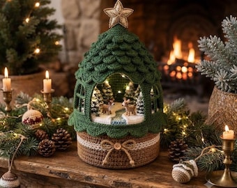 Crochet Christmas Tree Lantern Pattern PDF, Holiday Village Crochet Pattern, Christmas Decor, Winter Lantern, Festive Home Decor