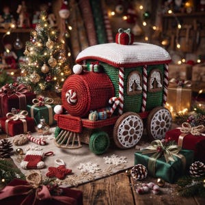May include: A crocheted toy train in red, green, and white, featuring a candy cane pattern on the pillars, a white roof with a small gift topper, and wheels with white lace-like detailing, surrounded by various wrapped Christmas gifts.