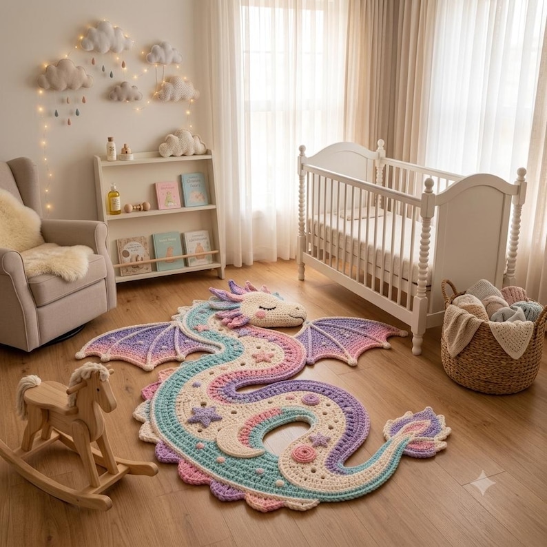 Puede incluir: Una alfombra grande tejida a ganchillo con forma de drag&oacute;n que presenta un degradado de colores pastel, incluidos rosa, morado y azul. La alfombra tiene alas detalladas, un cuerpo largo y curvado y peque&ntilde;os detalles en forma de estrella.
