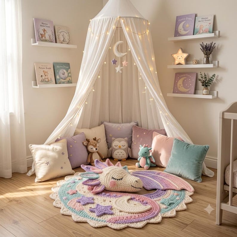 Puede incluir: Un dosel de tela blanca con luces cuelga sobre una alfombra de ganchillo con una cabeza de drag&oacute;n en tonos pastel, estrellas y una luna creciente. Varios peluches, como un ciervo, un b&uacute;ho y un drag&oacute;n, descansan entre cojines cuadrados de colores.