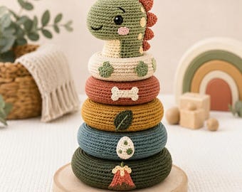 Crochet Dinosaur Stacking Toy, Baby Stacking Rings, Handmade Nursery Toy, Dinosaur Baby Gift, Toddler Toy, Baby Shower Gift