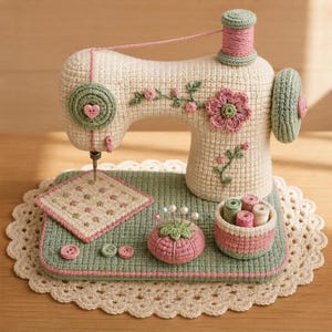 Può includere: Una macchina da cucire all'uncinetto in crema, verde salvia e rosa tenue. Presenta un motivo floreale, un rocchetto di filo rosa sulla parte superiore, un pezzo di trapunta quadrato, un puntaspilli rosa rotondo con spilli e un cestino.