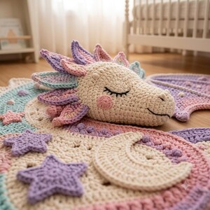 Puede incluir: Una cabeza de drag&oacute;n de ganchillo con cara color crema, ojos cerrados y mejillas rosadas, con una melena de p&eacute;talos en tonos pastel rosa, azul y morado. El drag&oacute;n descansa sobre una alfombra de ganchillo a juego con lunas y estrellas.