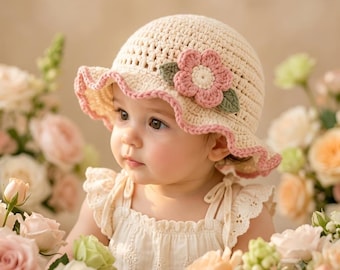 Crochet Baby Sun Hat Pattern PDF, Wavy Brim Flower Hat, Baby Girl Summer Hat Crochet Pattern, Newborn Sun Hat, Easy Beginner Tutorial