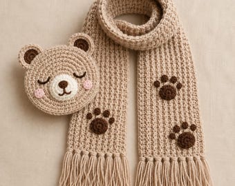 Crochet Bear Scarf Pattern | Sleepy Cub, Paw Prints Winter Accessory (PDF Download)
