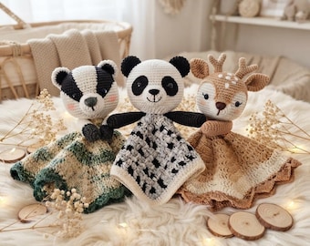 Crochet Woodland Animal Baby Lovey Pattern PDF, Panda Deer Badger Security Blanket, Amigurumi Baby Comforter Tutorial