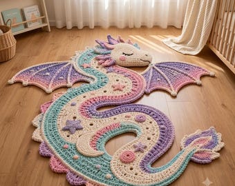 Celestial Dreams Baby Dragon Rug Crochet Pattern PDF, Pastel Dragon Nursery Rug, Fantasy Floor Mat, Crochet Rug Pattern, Digital Download