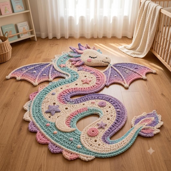 Celestial Dreams Baby Dragon Rug Crochet Pattern PDF, Pastel Dragon Nursery Rug, Fantasy Floor Mat, Crochet Rug Pattern, Digital Download