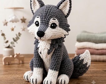 Patrón de amigurumi de lobo a crochet en PDF, juguete de peluche de lobo del bosque, lindo patrón de crochet de lobo, tutorial de regalo DIY de animal del bosque
