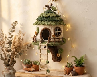 Crochet Treehouse Pattern, Treehouse Wall Hanging PDF, Woodland Crochet Decor, Crochet Fairy House, Cottagecore Pattern