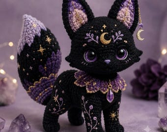 Patrón de gato negro a crochet en PDF, patrón de gato amigurumi celestial, peluche de gato gótico de Halloween, juguete de crochet de bruja, descarga digital