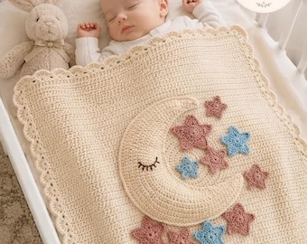 Crochet Baby Blanket Pattern, Moon and Stars Blanket PDF, Baby Crochet Pattern, Nursery Blanket, Newborn Gift