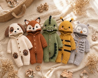 Paquete de patrones de ganchillo para bebés: body de animalito, disfraz de cachorro, zorro, dinosaurio, abeja y búho; pelele con capucha para bebé; patrón de ganchillo para recién nacidos.
